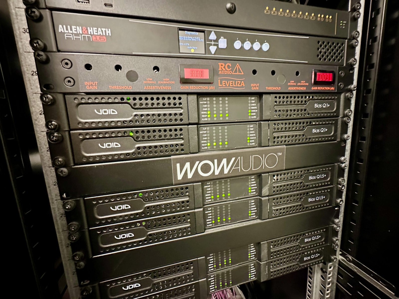 Close up of a rack for a high end restaurant from Franzen group featuring allen and heath RC1 Audio and Void